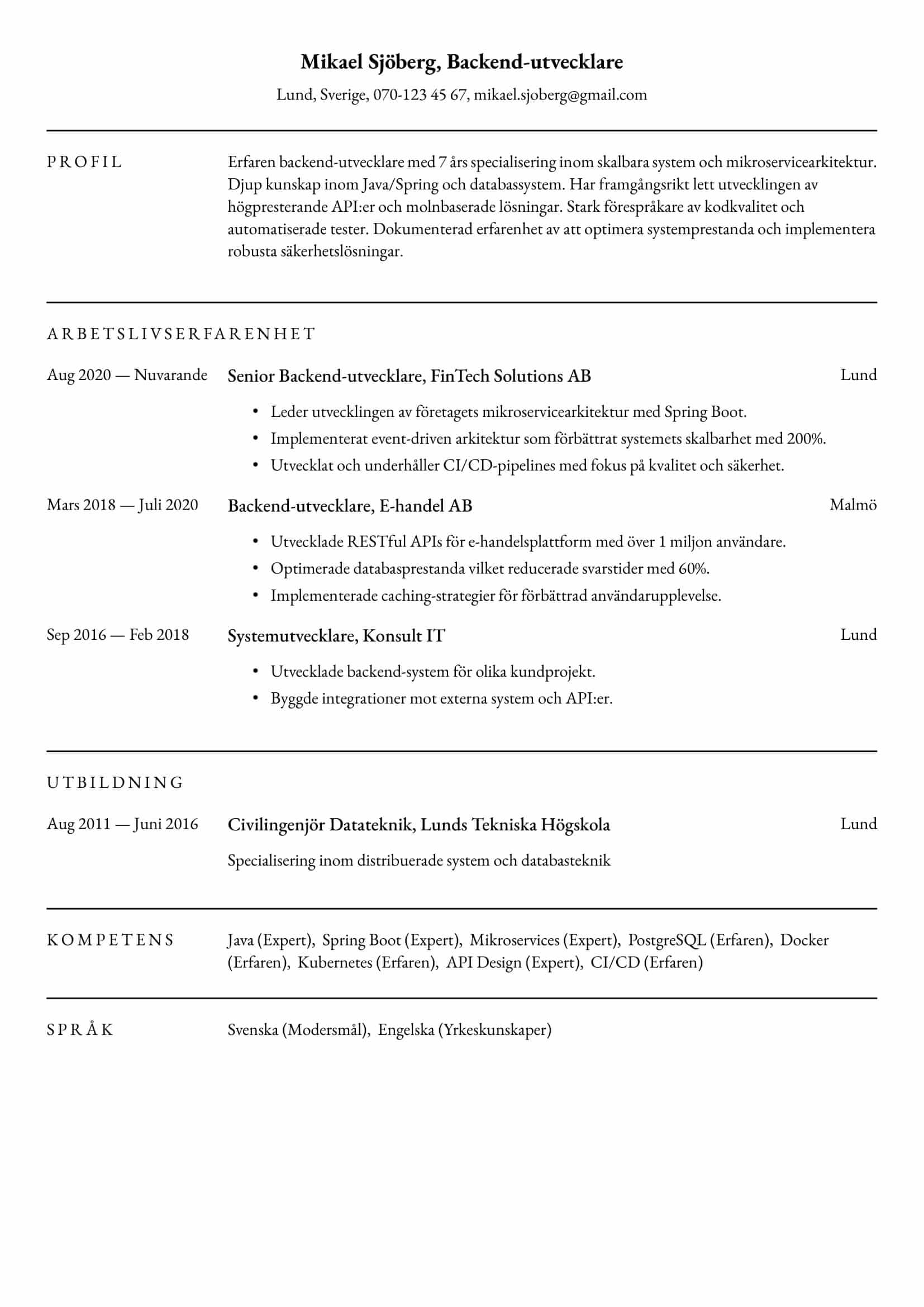 CV-exempel för Backend-utvecklare – Professionellt och anpassningsbart