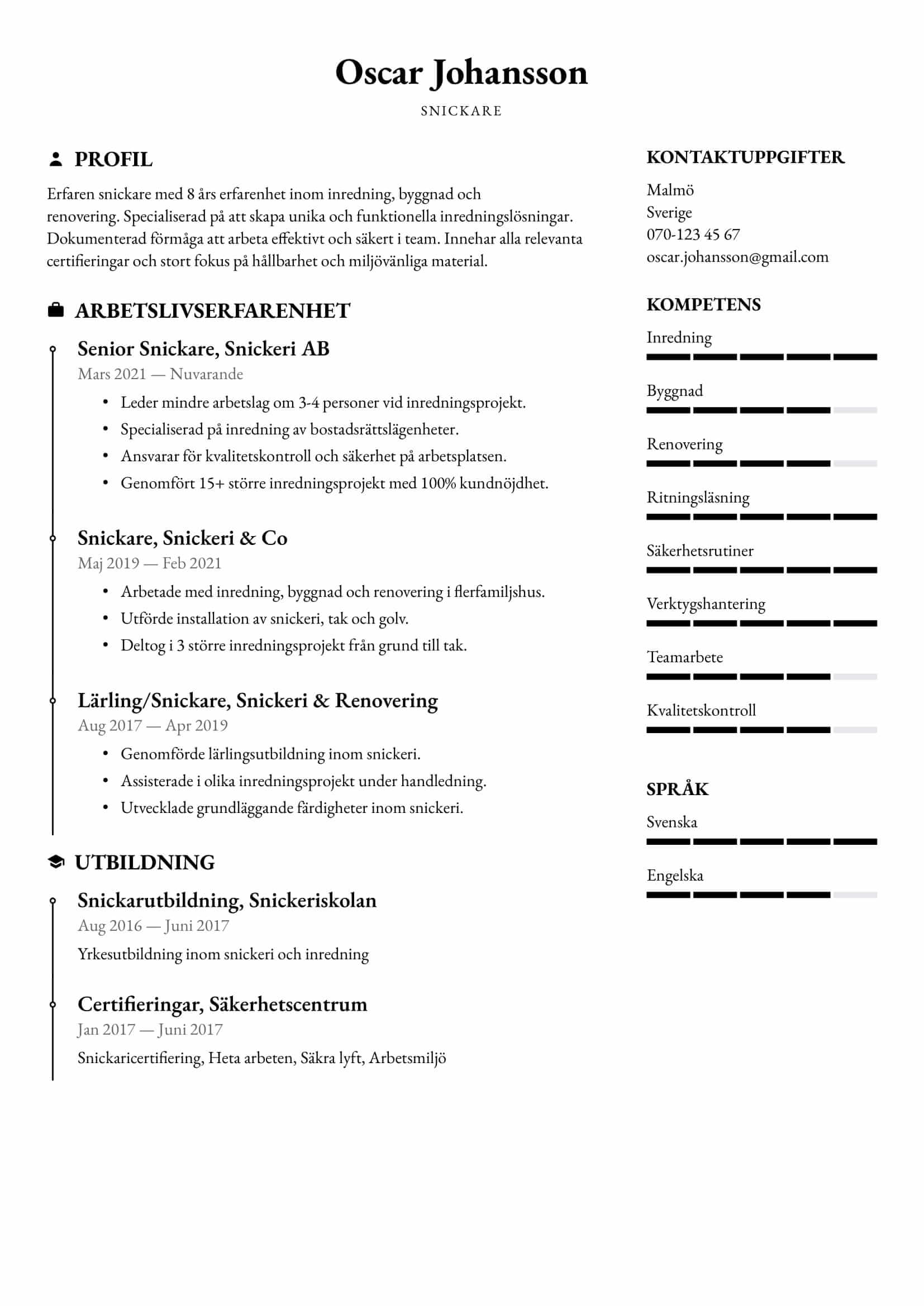 CV-exempel för Snickare – Professionellt och anpassningsbart