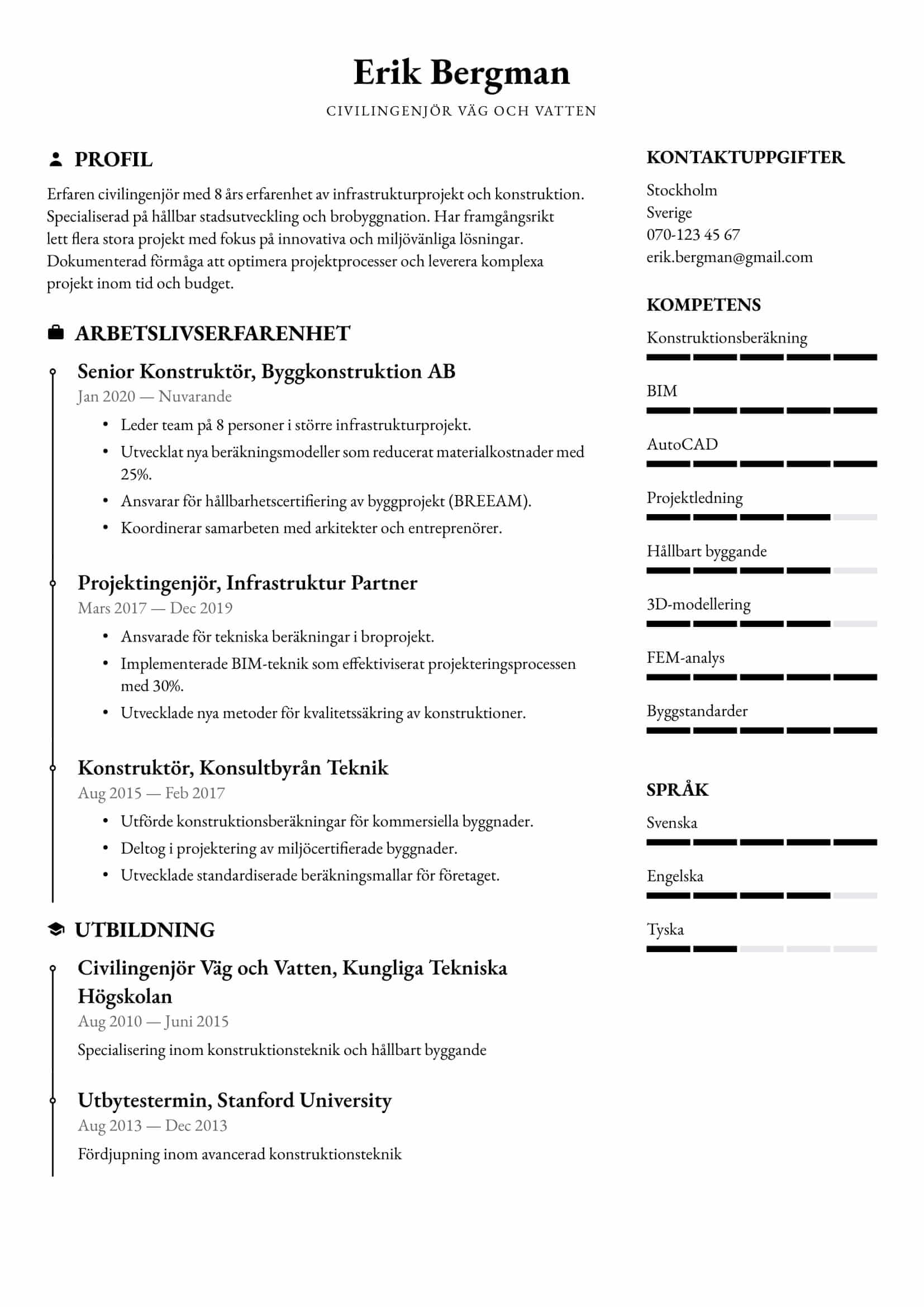 CV-exempel för Civilingenjör – Professionellt och anpassningsbart