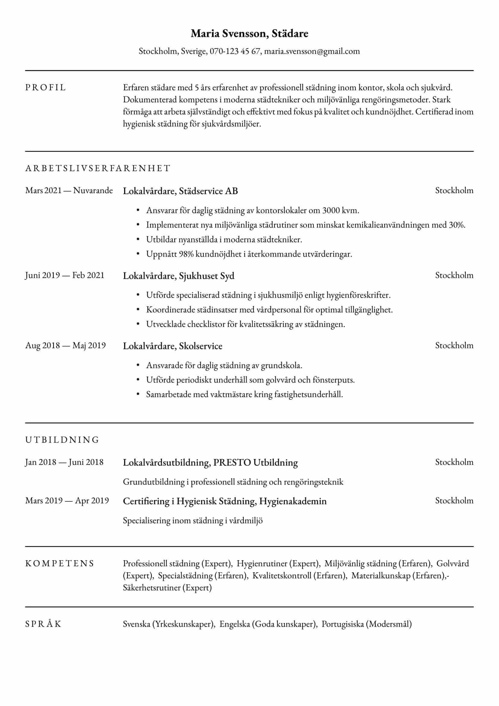 CV-exempel för Städare – Professionellt och anpassningsbart