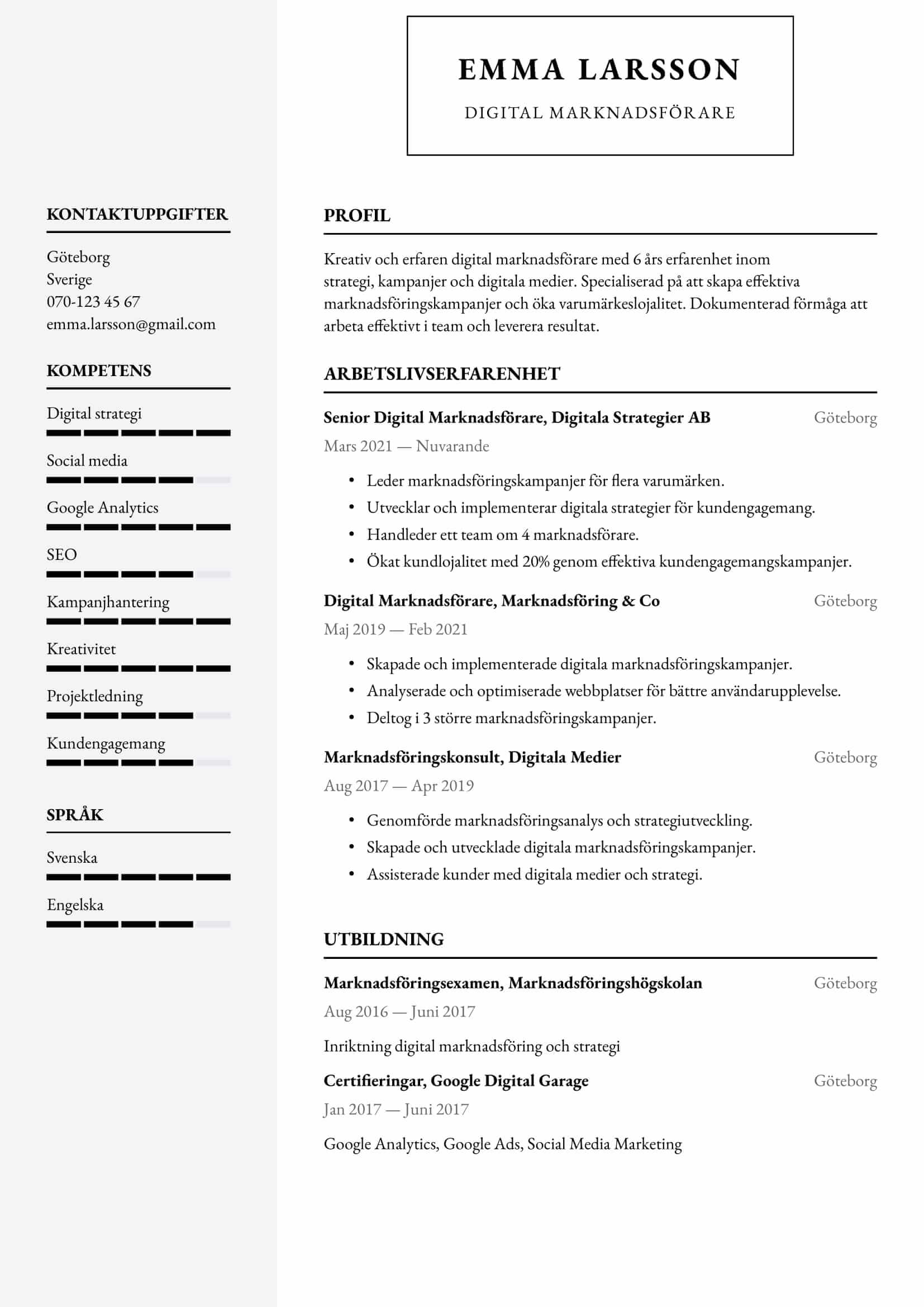 CV-exempel för Digital marknadsförare – Professionellt och anpassningsbart
