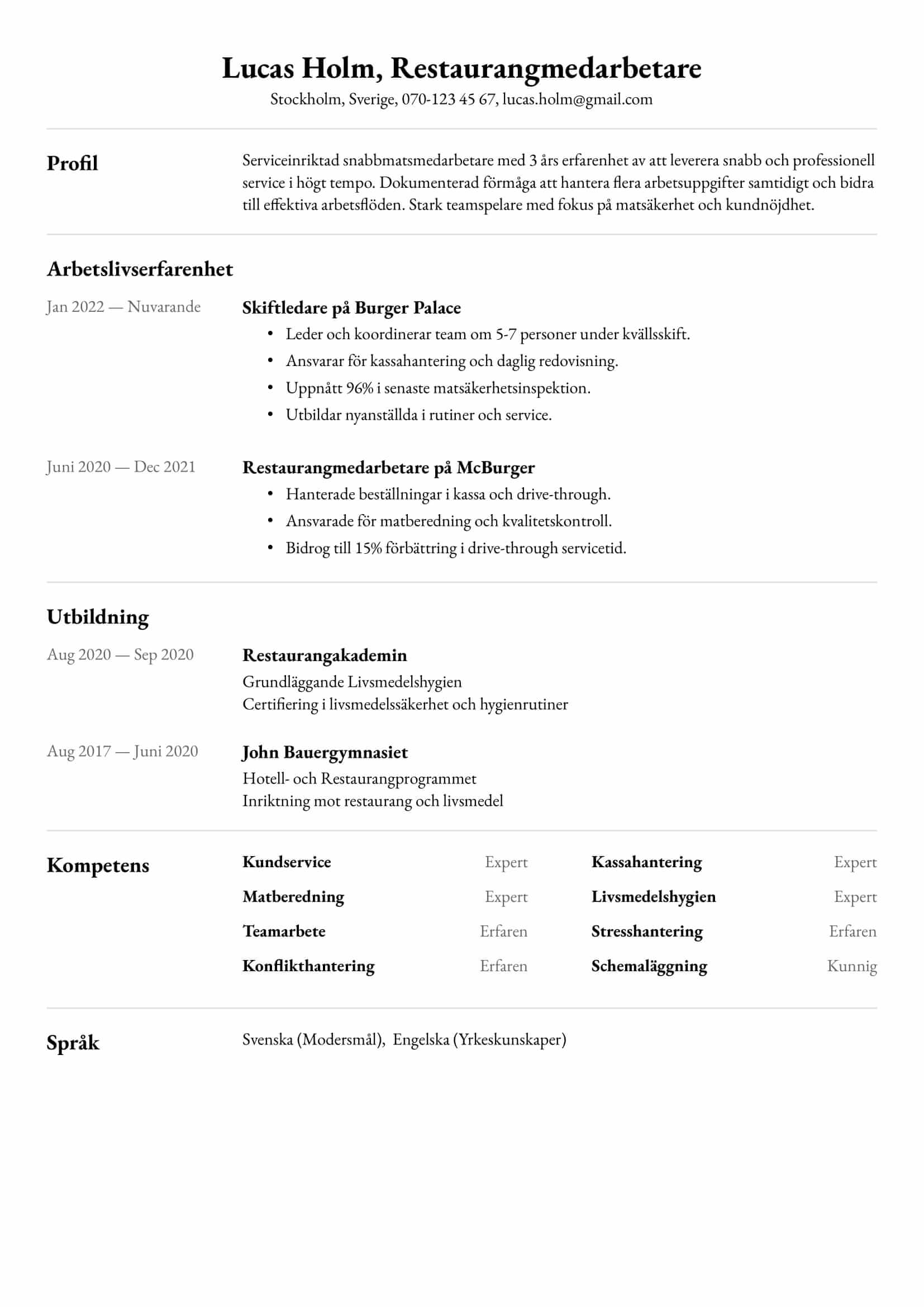 CV-exempel för Snabbmatsmedarbetare – Professionellt och anpassningsbart