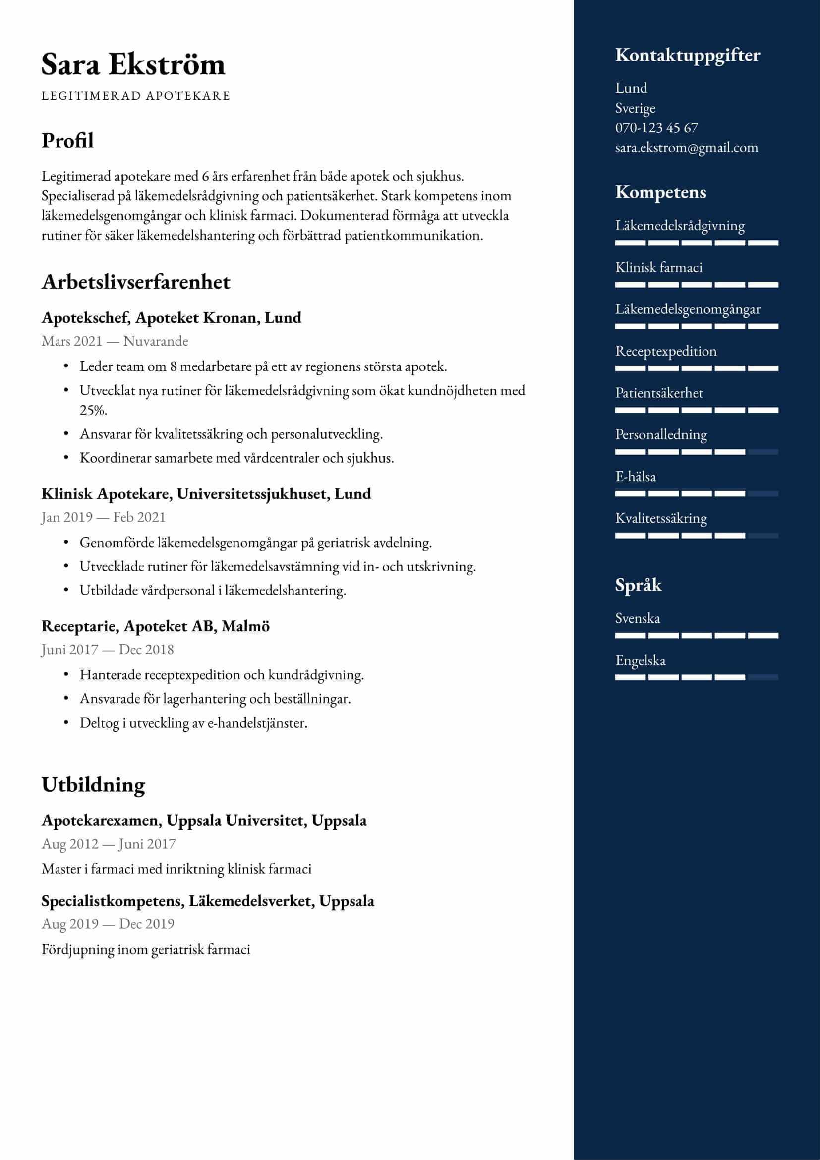 CV-exempel för Apotekare – Professionellt och anpassningsbart