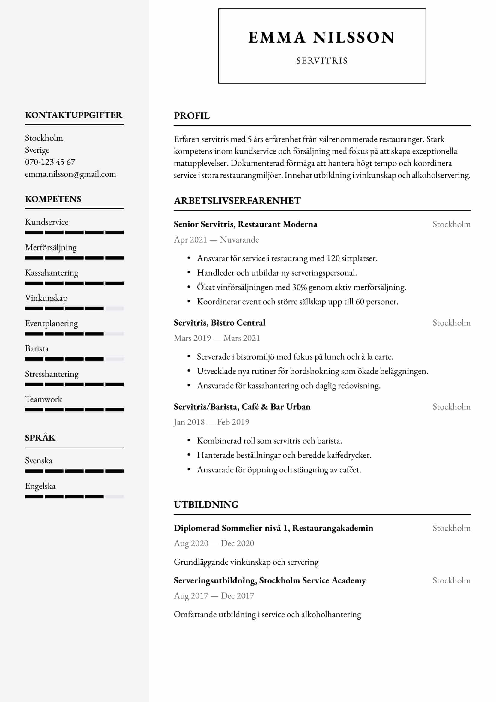 CV-exempel för Servitris – Professionellt och anpassningsbart