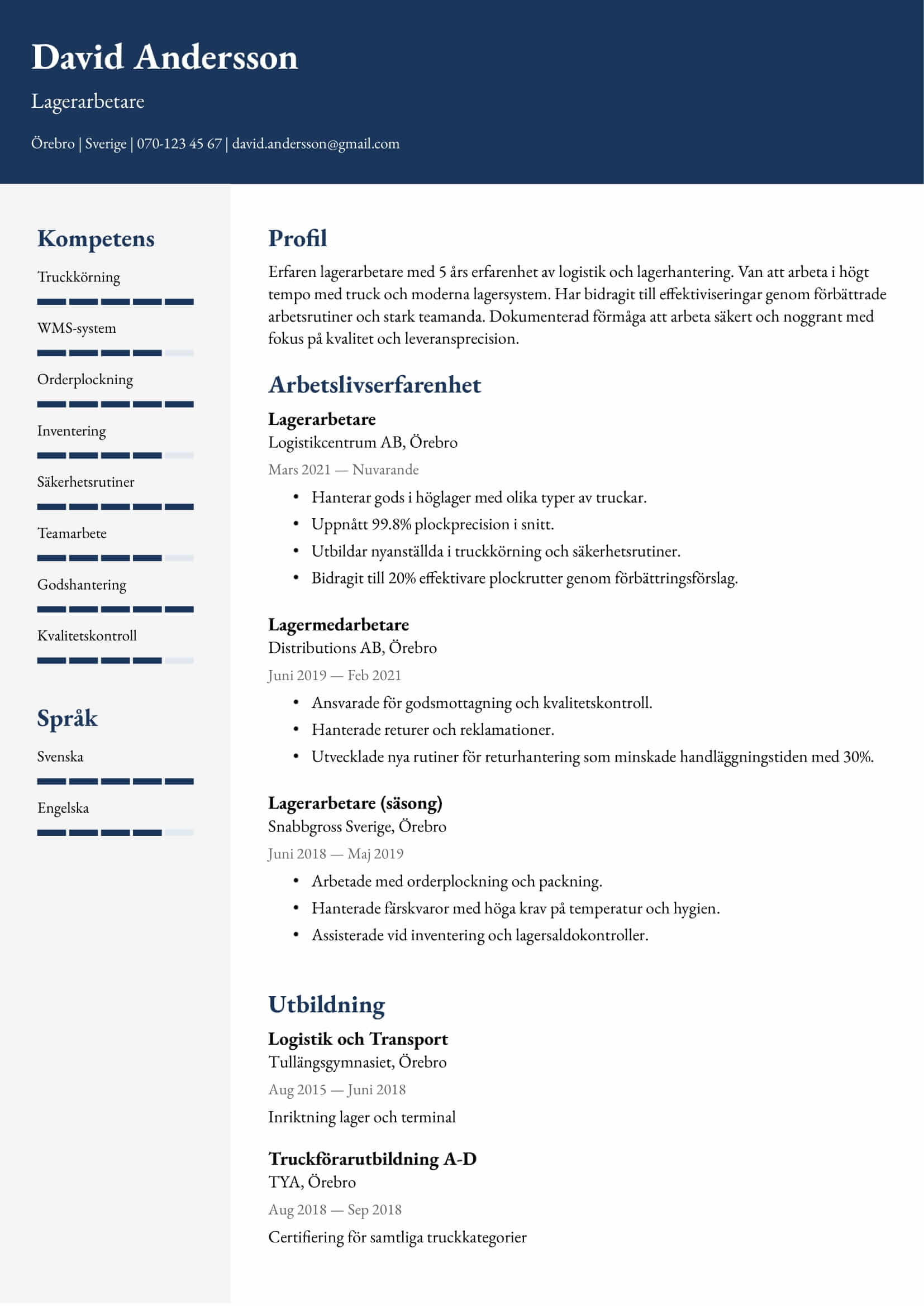 CV-exempel för Lagerarbetare – Professionellt och anpassningsbart